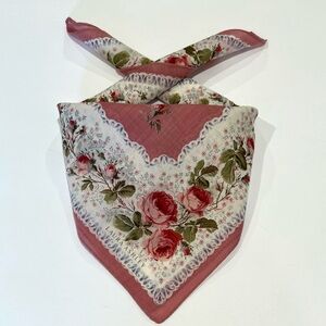 LAURA ASHLEY Vintage Handkerchief Pink Cotton Rose Floral Mini Scarf 19”